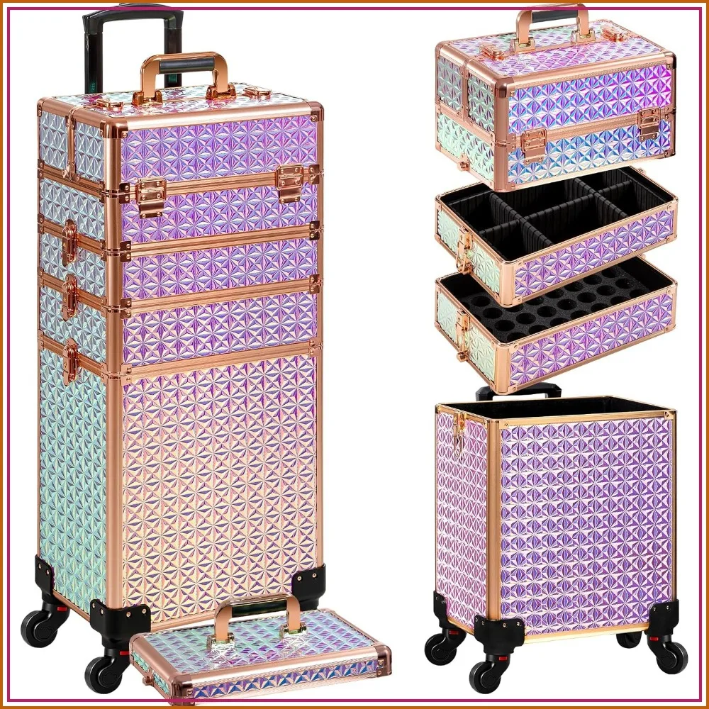 AROUS 5 in 1 Rolling Makeup Train Case with Lid Cosmetology Case on Wheels