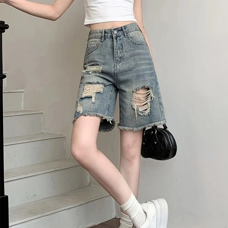 

Summer Girls Trend Raw Edge Ripped Design Cropped Jeans Women Solid High Waist Denim Shorts Lady Loose Straight Leg Shorts