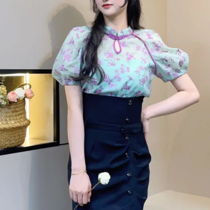 Neploe Embroidery O Neck Transparent Camisas Chinese Heavy Short Sleeve Women Tops 2024 Summer New Hollow Out Vintage Blouses