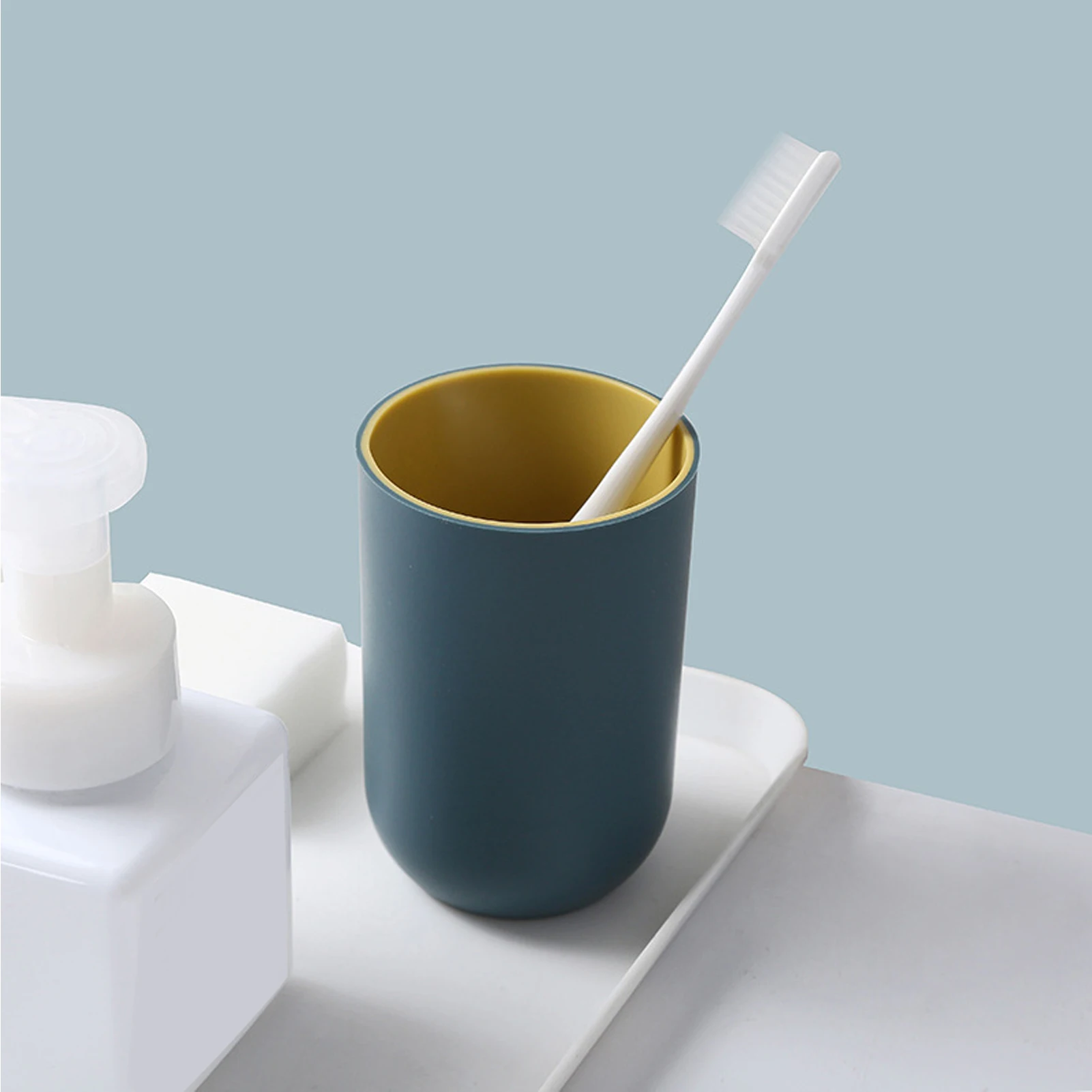 Blue Yellow Toothbrush Holder Dual Color Toothbrushes Cup Round Minimalist Plastic Bathroom Tooth Brushing Cups