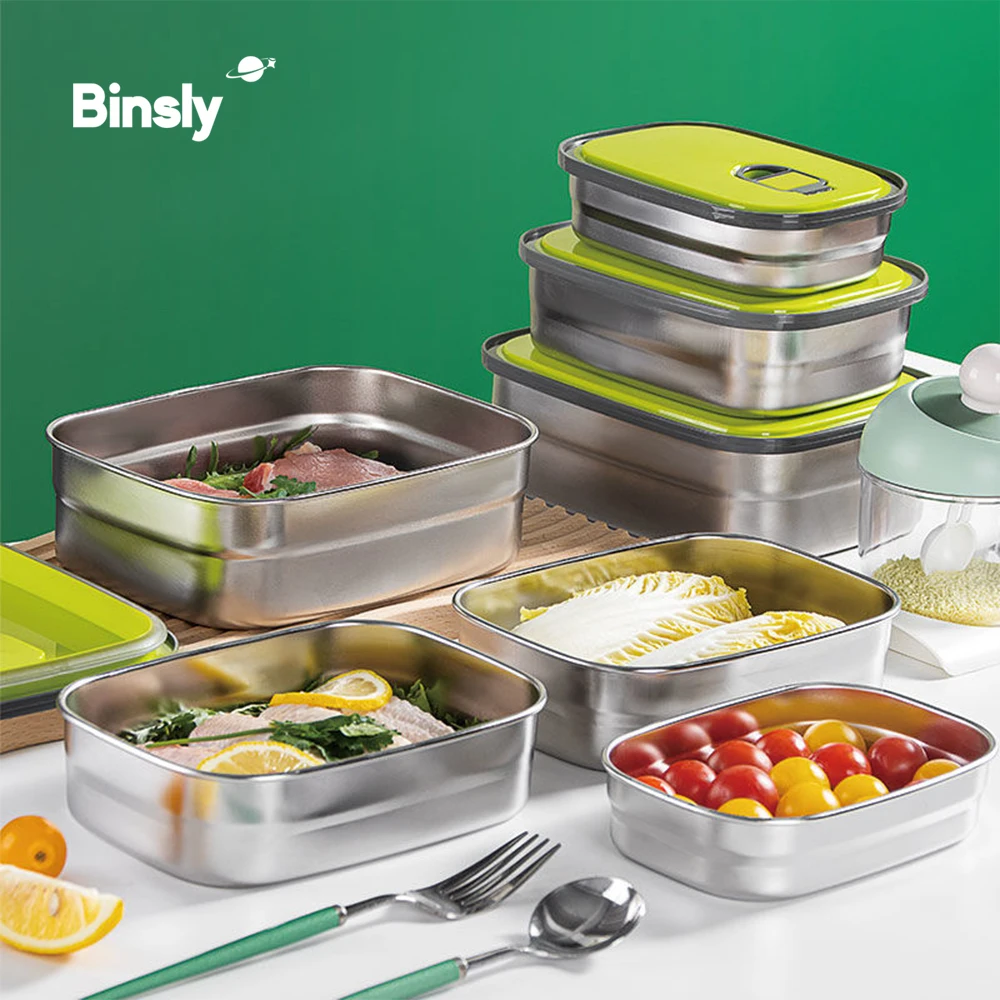 

Large Capacity Stainless Steel Rectangular Lunch Box with Airtight Plastic Lid 3-Piece Set Tiffin Box for Food Storage Packing