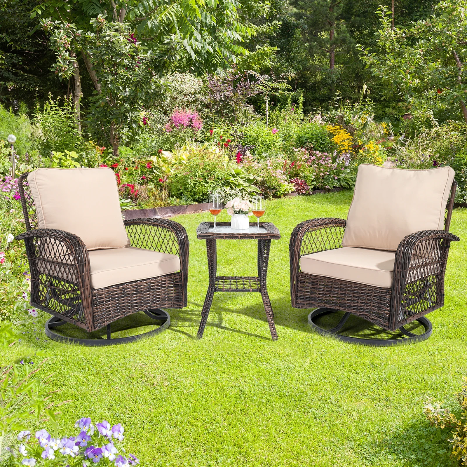 Wicker Patio Bistro Brown Gradient Rattan 3 Pieces Patio Furniture Set Outdoor Swivel Gliders Rocker
