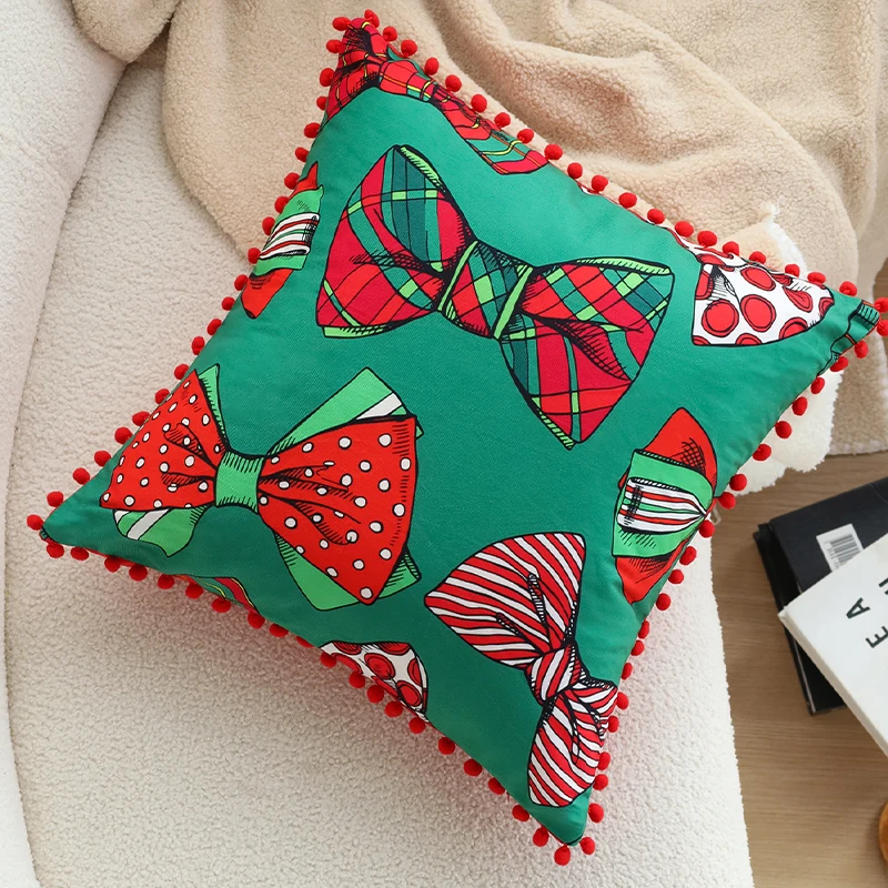 Cushion Cover Ball Edge Romantic Home Decorative Pillowcase 45x45cm for Living Room Sofa Red Bow Valentine's Day Gift 18x18inch