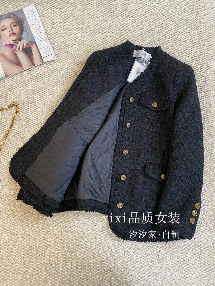 New Black jacket women's cotton padded thick medium length wool top Coats