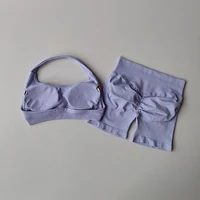 Sexy Halter Neck Beautiful Back High Waist Peach Sports Bras Shorts Suit Pilates Gathering Yoga Vest Training Fitness Bra Sets - Image 2