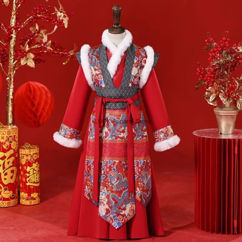 Boys' Hanfu Autumn/Winter 2024 New Children's Tang Clothing Boys' Thick New Year's Worship Clothing Chinese Style Red New Year