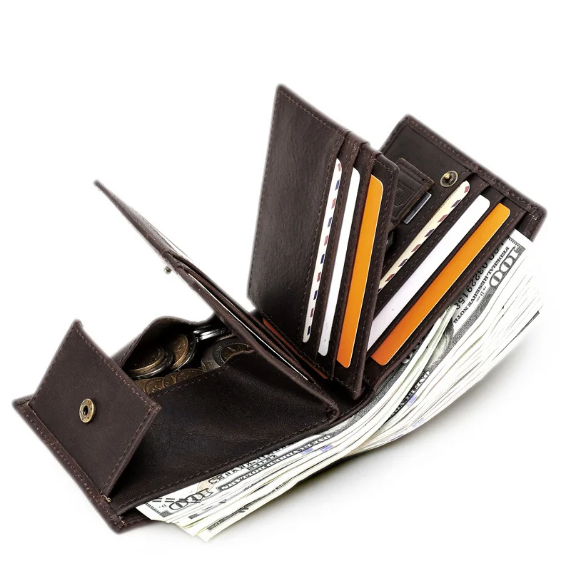 New Fashionable British Style Top Layer  Cowhide Anti Theft Brush Head Layer Horizontal Wallets Cowhide Three Fold Men's Wallets