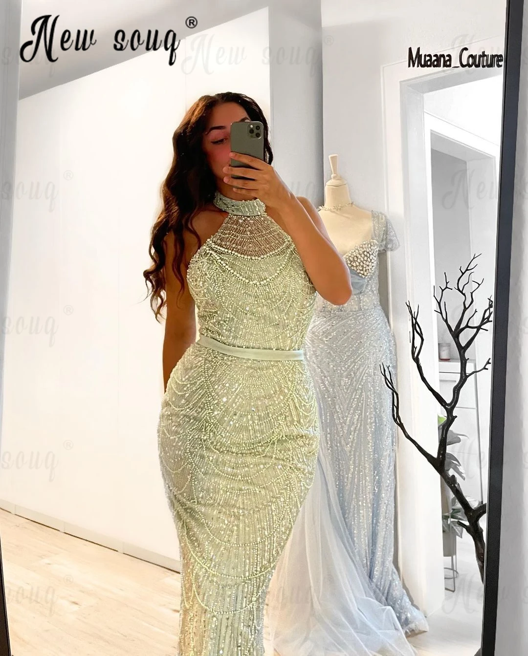 Sage Green Halter Sequins Prom Dress With Pearls Sleeve Graduation Party Dress Luxury Celebrity Gown Evening Dress Robe de Marié