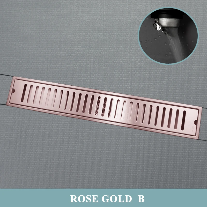 Bathroom Shower Drain Floor Shower Brushed Rose Gold Drain Stainless Steel Shower Floor Long Linear Drainage Channel Black Gold