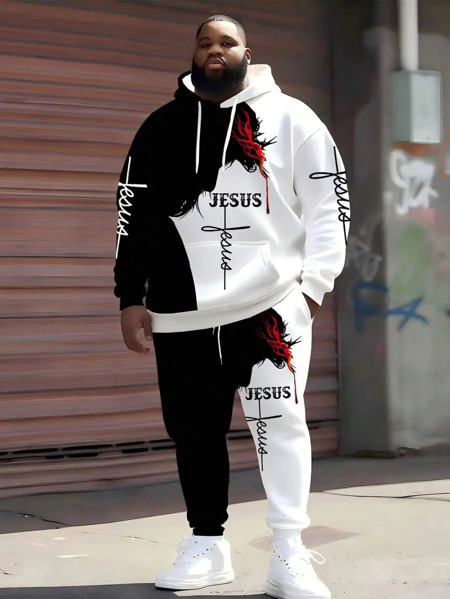 

Plus Size Mens Two-Piece Streetwear Set: Hooded Sweatshirt And Jogger Pants With Graffiti-Style Jesus Graphic Print