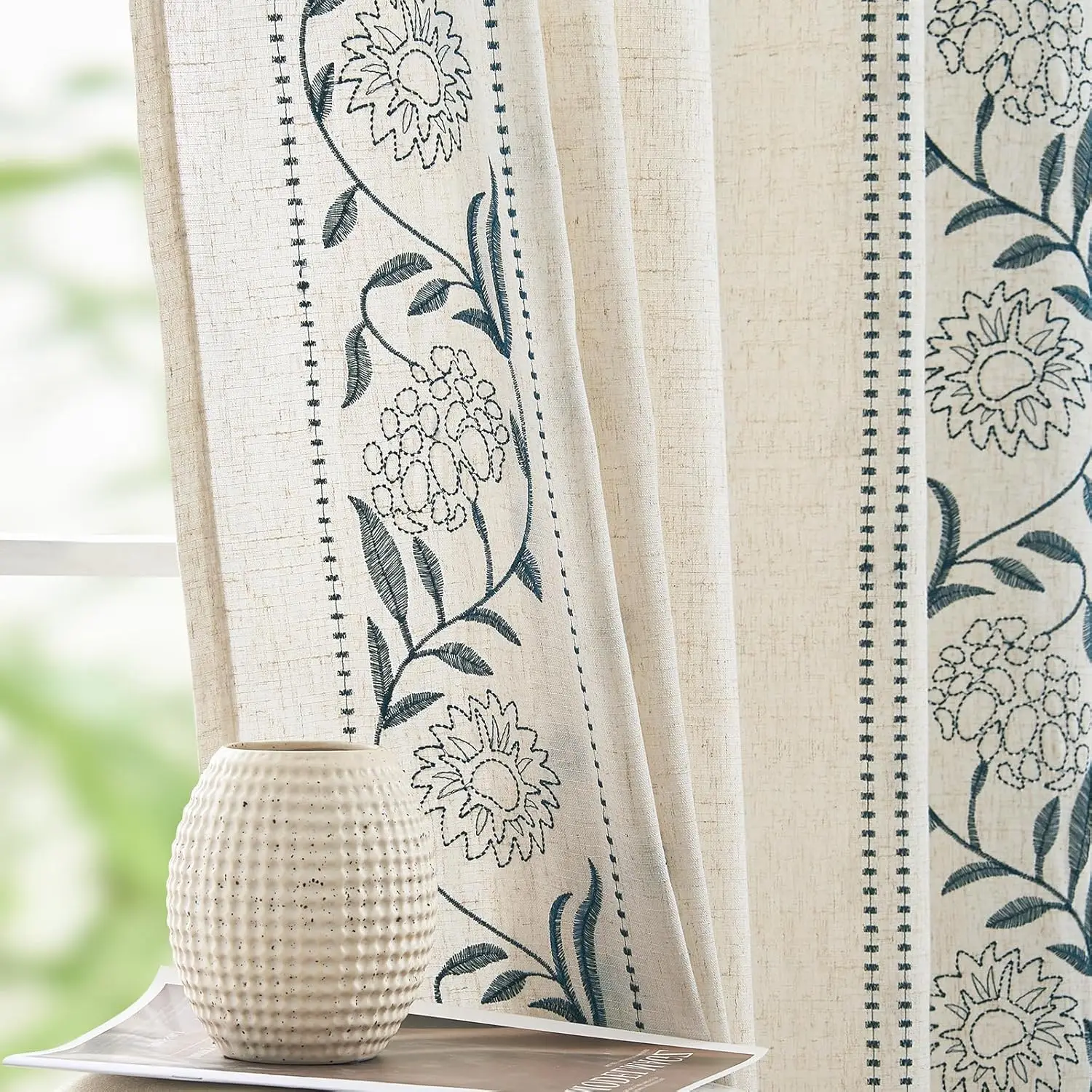

Linen Curtains for Bedroom 72 Inches Length Embroidered Bordered Floral Curtains for Living Room Farmhouse Decor Light Filtering
