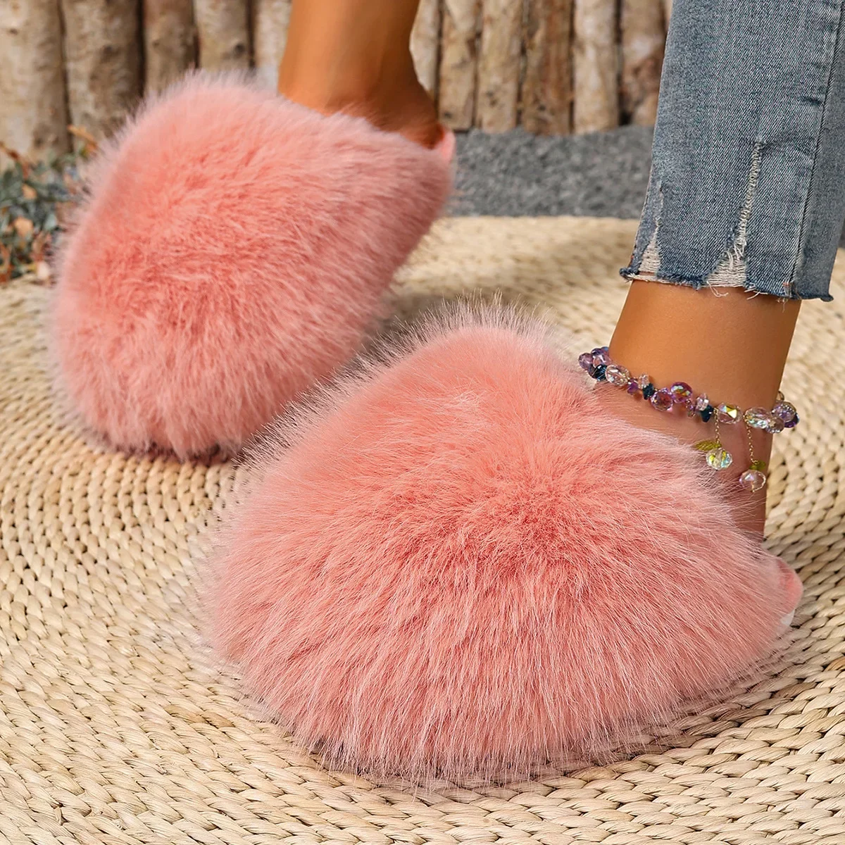 Neue Winter-Damenmode-Fellpantoffeln, Flauschige Niedliche Plüsch-Luxus-Outdoor-Anti-Rutsch-Pantoffeln mit Flachem Boden für Damen – Detail 19