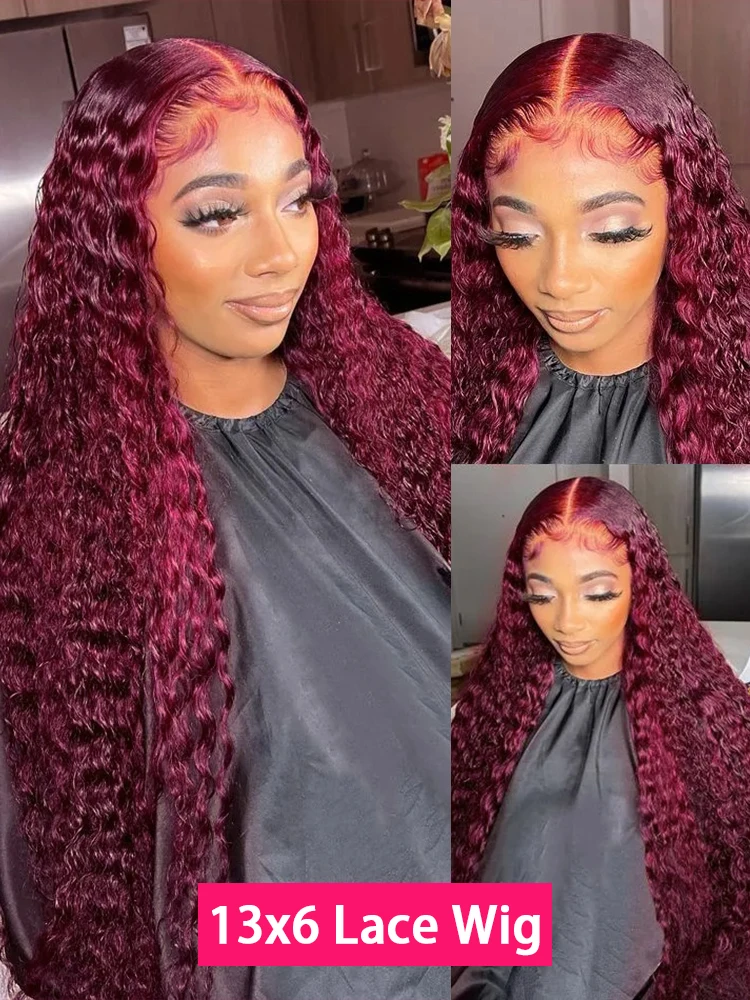 99J Burgundy Curly 13x6 Hd Lace Frontal Wig Human Hair 100% Brazilian 13x4 Water Deep Wave Red Colored Wig For Women 30 40 Inch