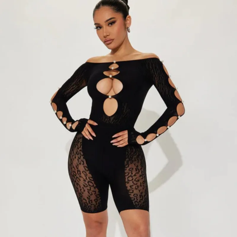 

2024 Summer Sexy Knitted Hollow Out Diamonds Skinny Rompers Women Slash Neck Long Sleeve See Through Female Clubwear Playsuits