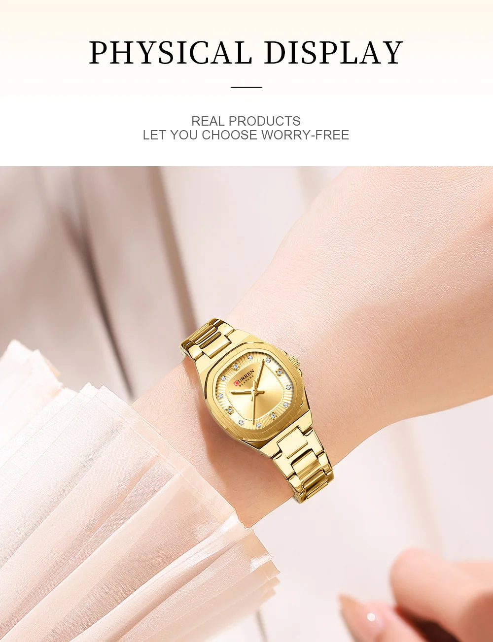 CURREN Gold Damenuhr mit Diamantakzenten, stilvollem Edelstahlband, elegantes Design, wird mit kostenloser Box geliefert – Detail 10