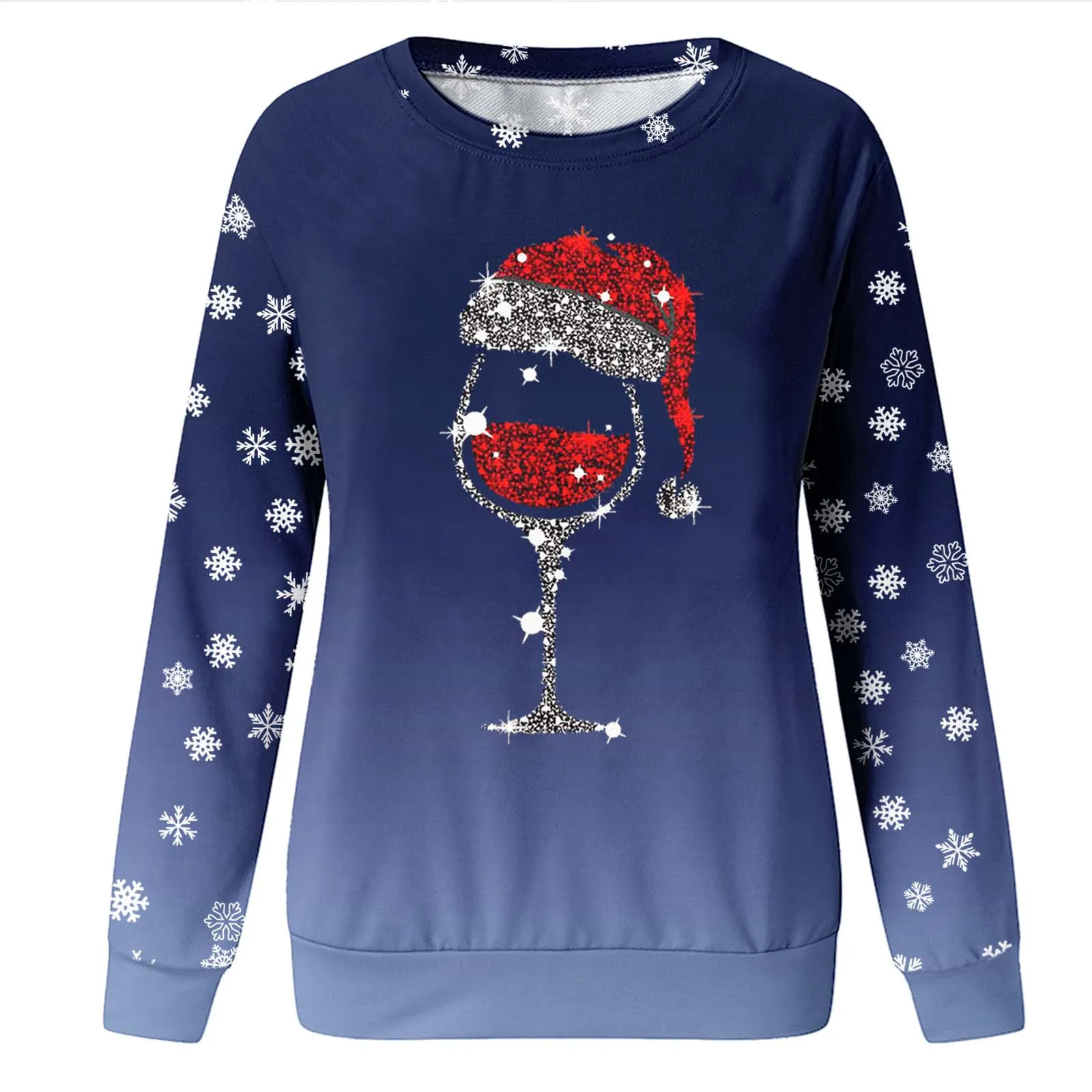 Christmas Fashion Women Xmas Wine Cup Long Sleeve Sweatshirt Cute Reindeer Graphic New Year Ladies Gradient Pullovers Female Top