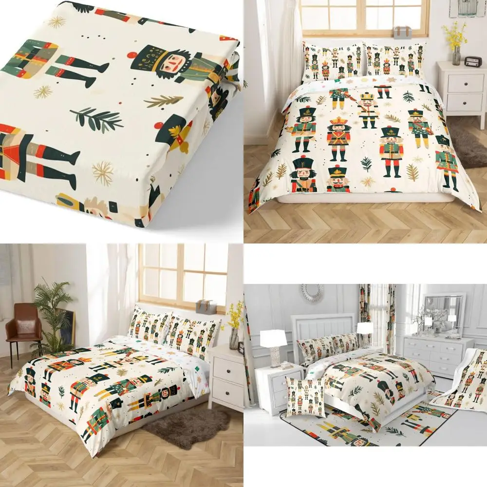 

Queen Size Christmas Nutcracker Duvet Cover Set with Deer and Elk Cartoon Print, 3-Piece Bedding Collection