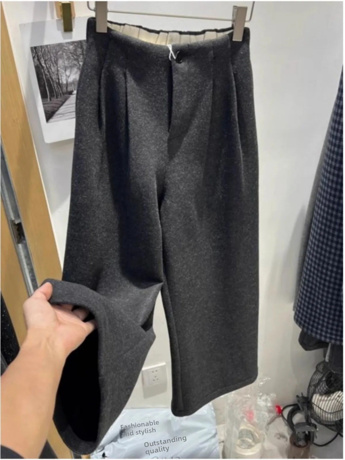 Retro High Waist Thiened Wide Leg Casual Pants Women's Autumn Winter Loose Small Size Straight Nine Point Trendy Trousers