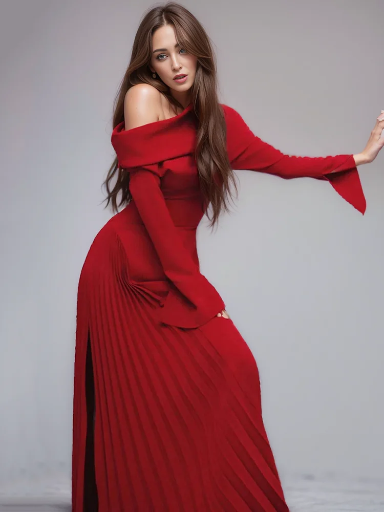 DEAT Fashion Women Dress Slask Neck Flare Sleeves Waist Retraction Spliced Pleated Ankle-length Dresses Summer 2024 New 13DB5142