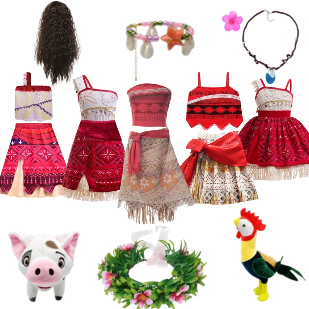 

Girls Moana Costume Full Set with Accessories Toddler Kids Princess Cosplay Dress for Halloween Birthday Party Outfit