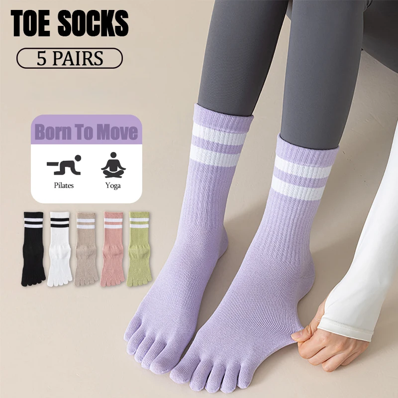5-pairs-women's-pure-cotton-five-toe-yoga-socks-double-striped-crew-socks-high-elasticity-toe-athletic-socks-for-pilates
