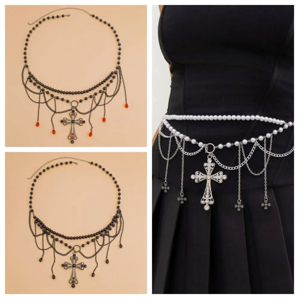 سبيكة الصليب حزام على شكل سلسلة سوداء الاكريليك الخرز القوطية Y2K الفضة الخصر سلسلة قابل للتعديل مبالغ فيها كريستال شرابة حزام