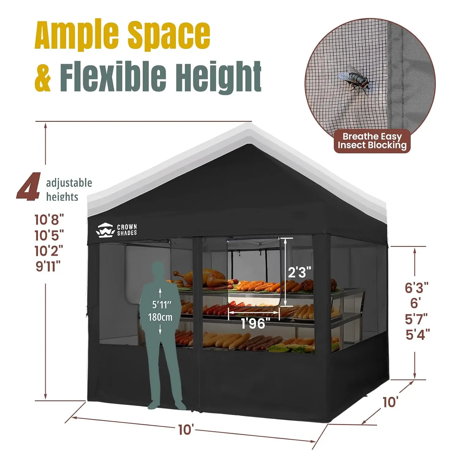 10x10 Pop Up Canopy, Food Tents for Outdoor Serving, Black, Customized