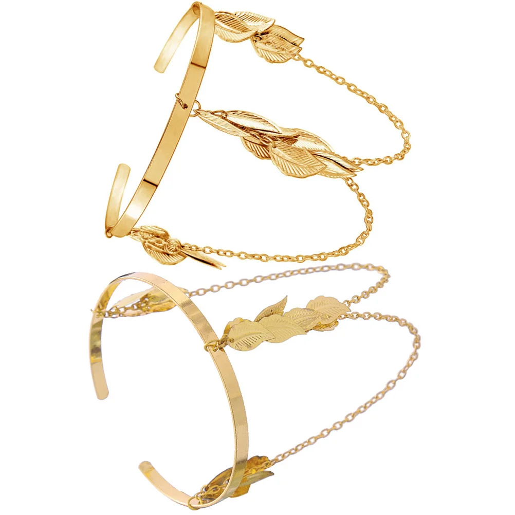 

2Pcs Women Arm Cuff Metal Bracelet Leaves Chain Unique Charm Armlet Wedding Party Jewelry Arm Cuff Charms Armlets