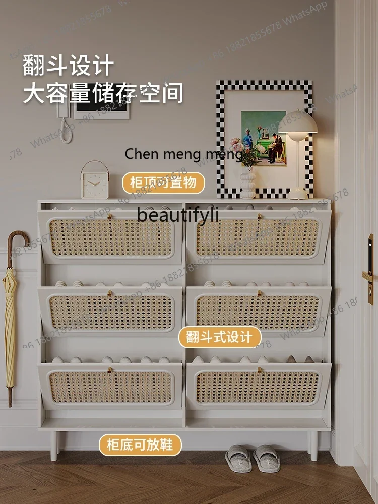cn8350 ss cn8350 ss Cream Style Retro Ultra-Thin Tilting Shoe Cabinet Household Narrow Shoe Cabinet Living Room Rattan Shoe Cabi