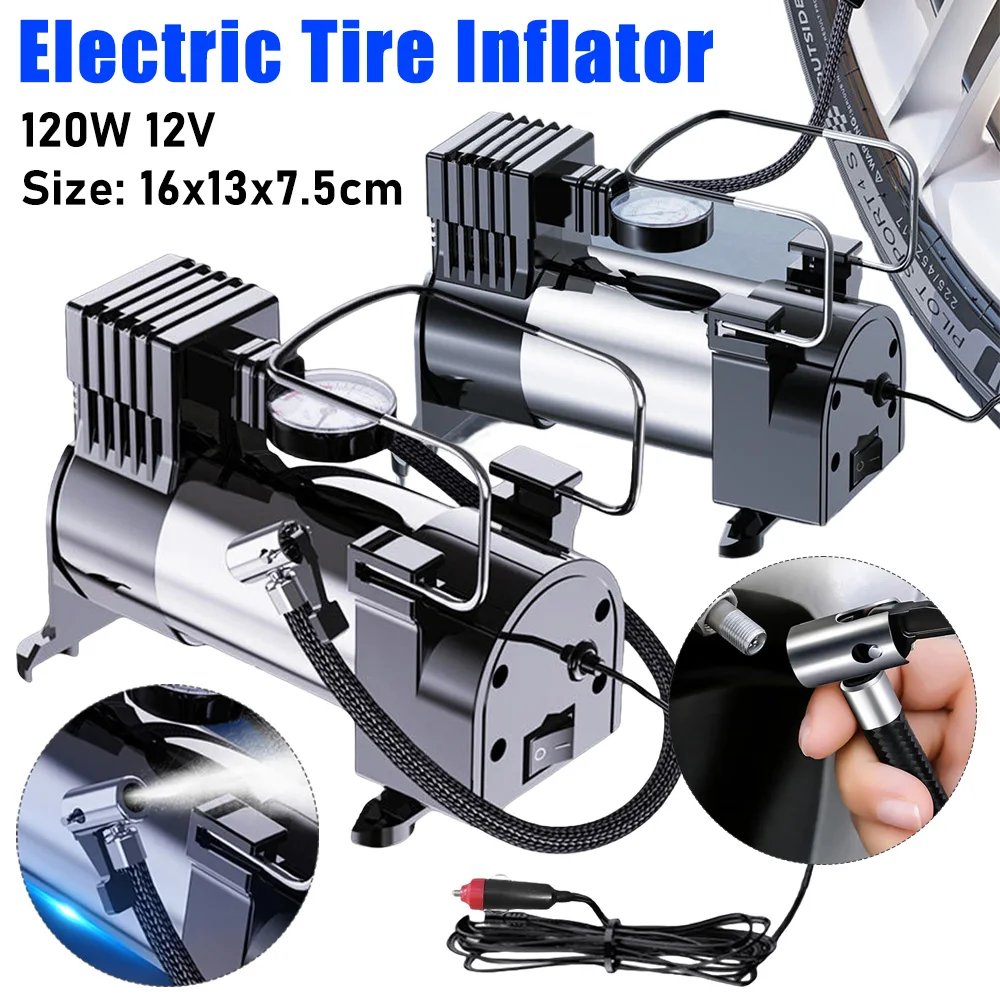 Car Tire Pump Mini Air Compressor 12V Electric Tire Inflator with Pressure Gauge Heavy Duty Deluxe Portable Metal Air Compressor