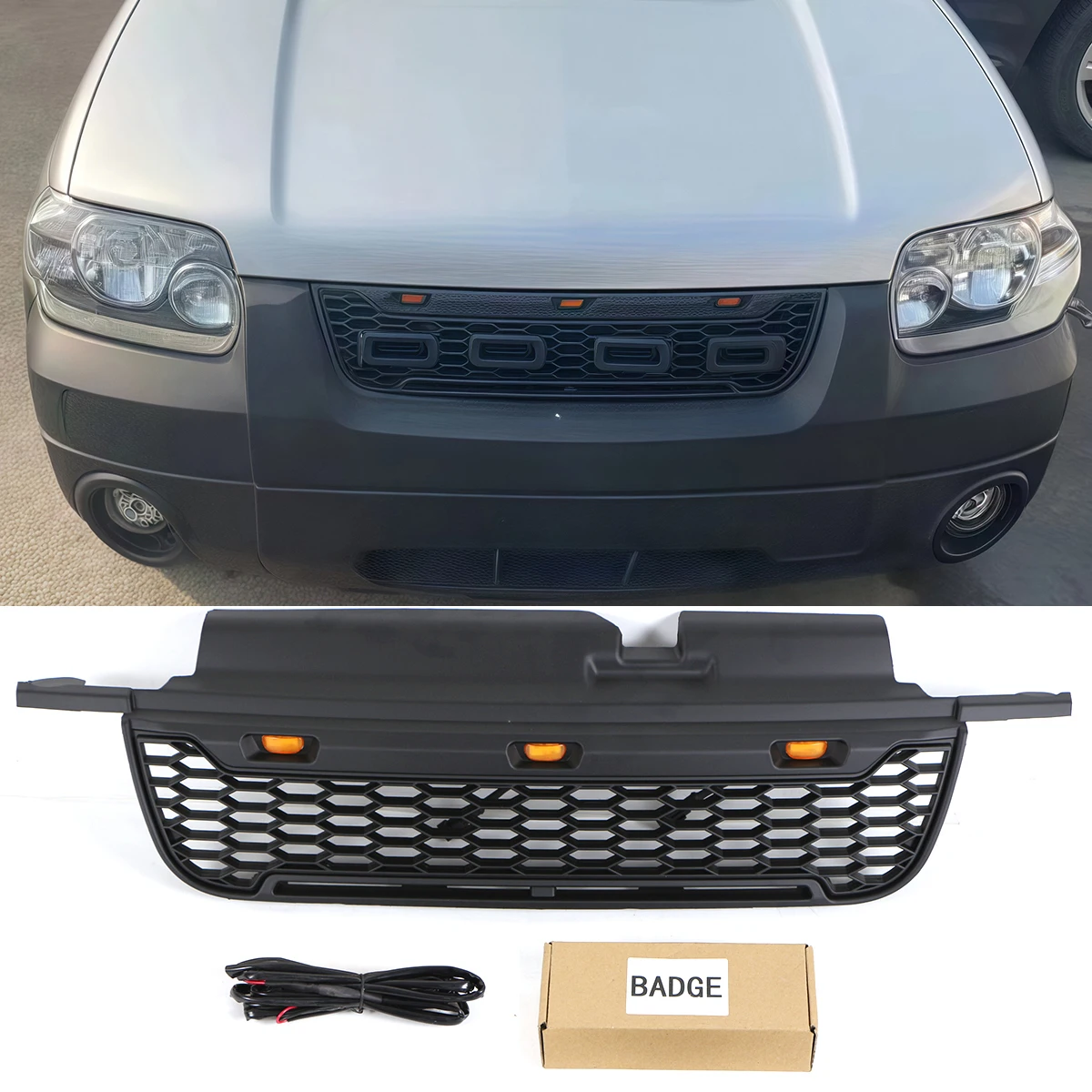 

Front Grille W/Light Fits For 2001-2004 2005-2007 Ford Escape/Kuga Black Grill