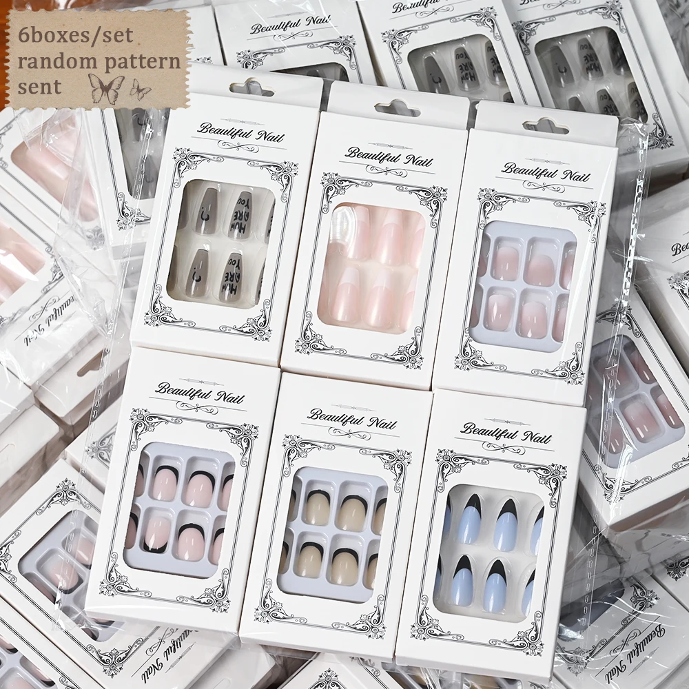 6Boxes/144Pcs Random Mix Style Short Round Press on Nails Sweet Full Cover Detachable Artificial Fake Nails Tips DIY Manicure