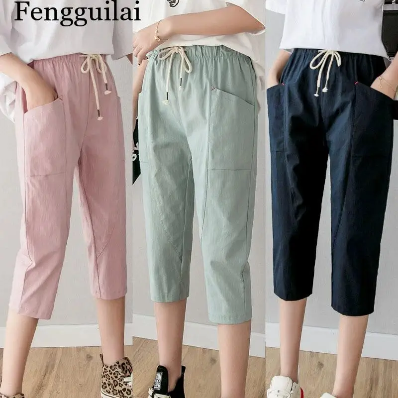 Summer Women Thin Cropped Pants Solid Color Casual All-match Elastic Waist Pencil Pants Woman Simple Basic Pockets Harem Pants