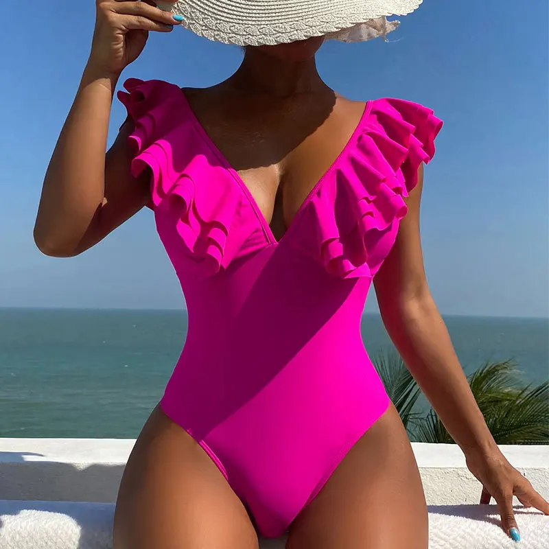 Cikini-Ruffle Trim One Piece Swimsuit for Women, Monochromatic, Beach Swimwear, Bathing Suit, Summer, New, 2022