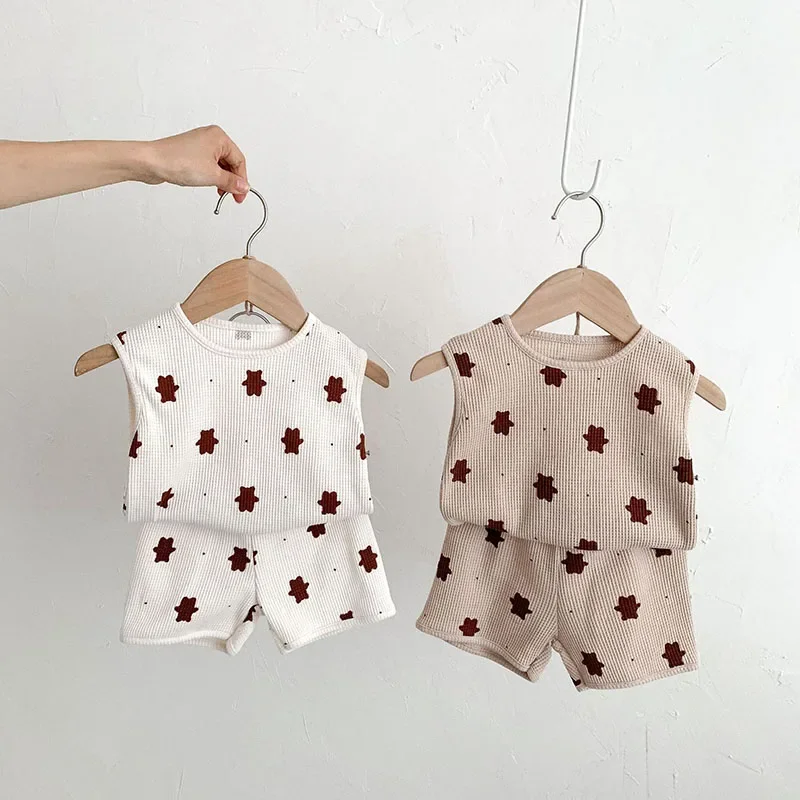 

MILANCEL Summer Infant Girs Vest And Shorts Baby OIutfit Baby Clothes Suit Waffle Bear Clothing Set