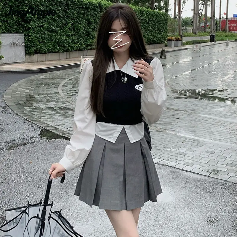 Women\'s Spring Autumn Preppy Style Clothing 2023 New Student Patchwork Shirt Mini Pleated Skirts Outfits High School Uniform