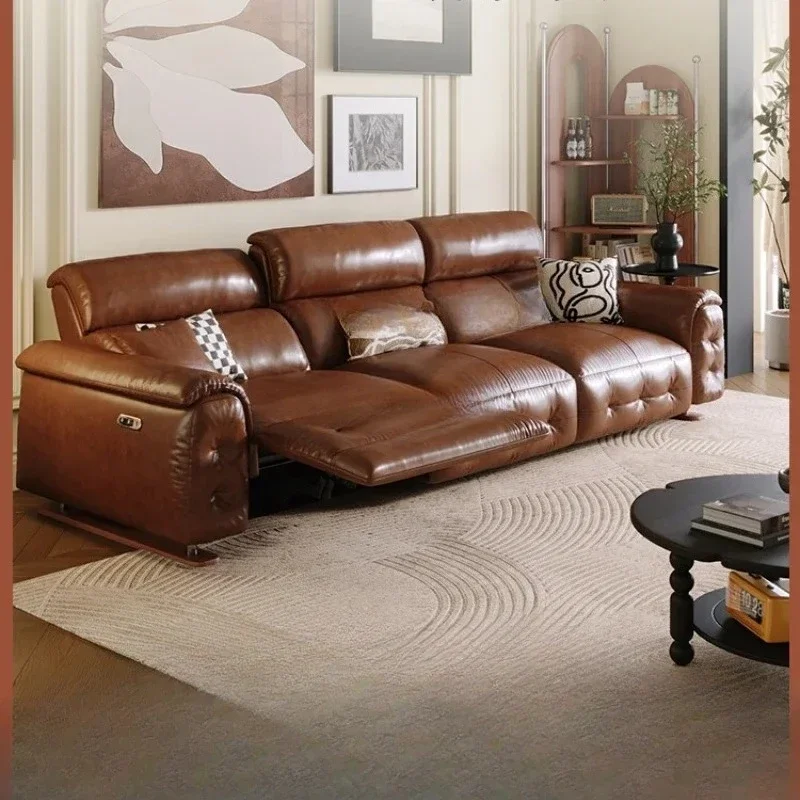 Y Black Swan electric, retro leather sofa, medieval oil wax leather sofa against the wall in the living room