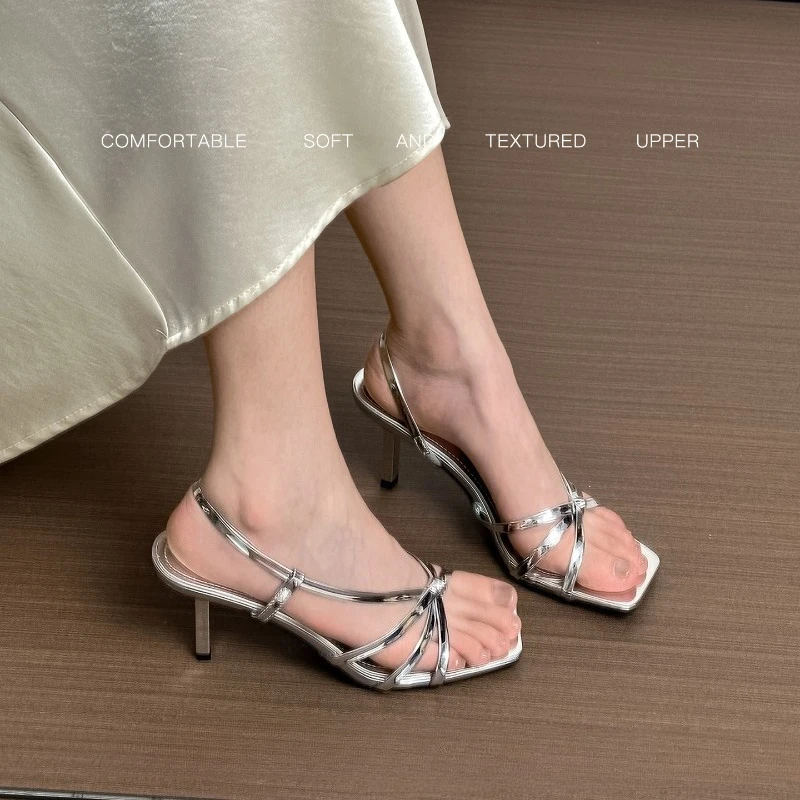 Hot Sale Women Shoes French Square Toe Thin Strap Sandals Open Toe Mid Heel Elegant Commuter Hot Selling High Heel Shoes