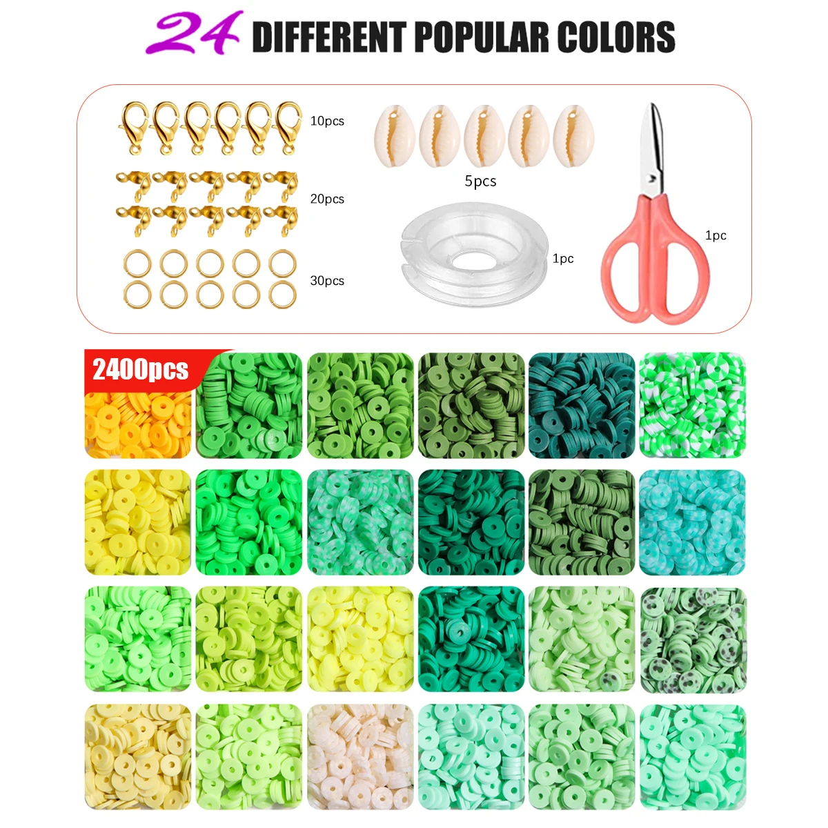 Kit DE FABRICACIÓN de pulseras de cuentas de arcilla Multicolor para niñas, joyería artesanal, regalos, 24 colores, 2400 piezas