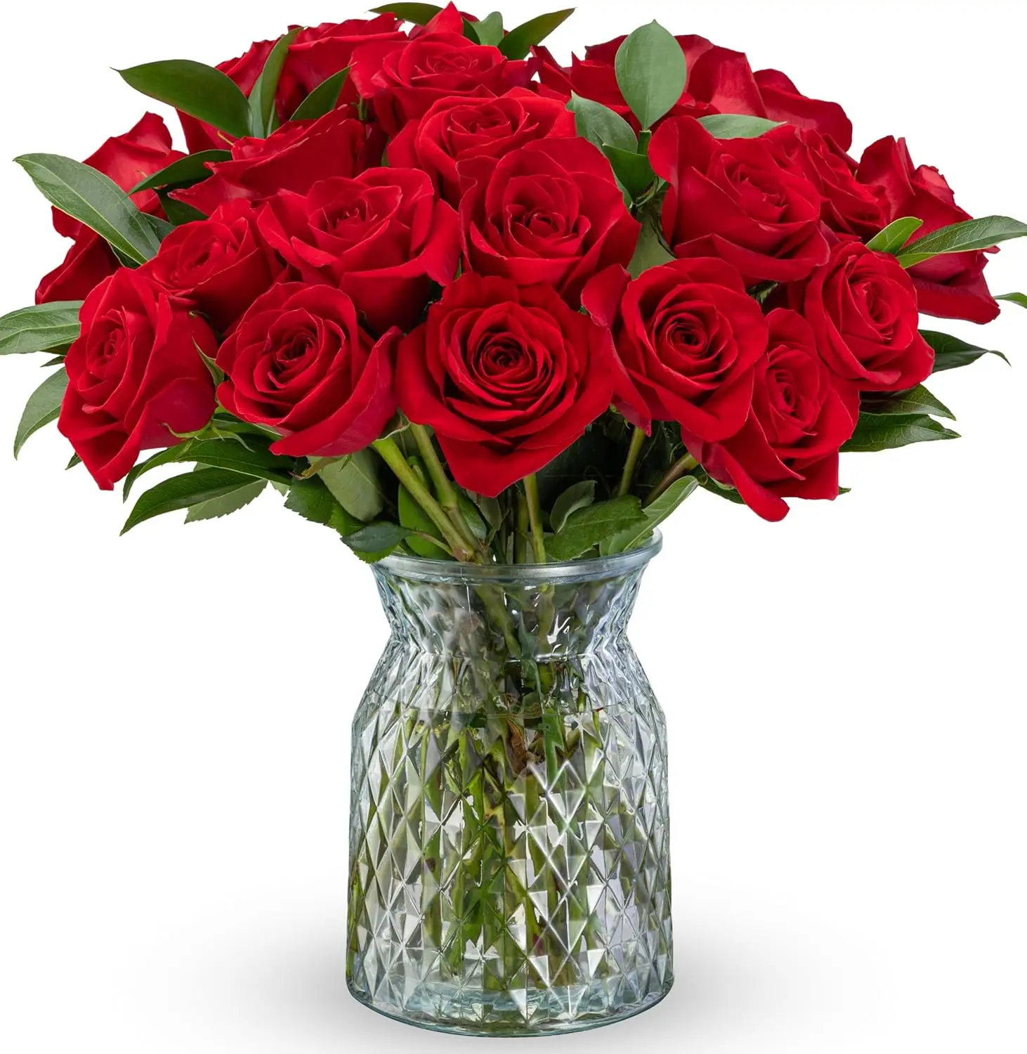 

24 Long-Stemmed Red Roses with Glass Vase - Fresh Flower Delivery for Valentine's Day Gift