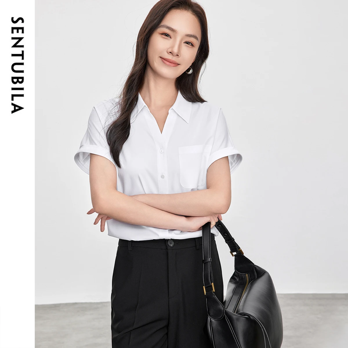 SENTUBILA Women White Short Sleeve Shirt 2025 Office Lady Turn-Down Collar Blouse Button-Up Design Breathable Tops 152C59375