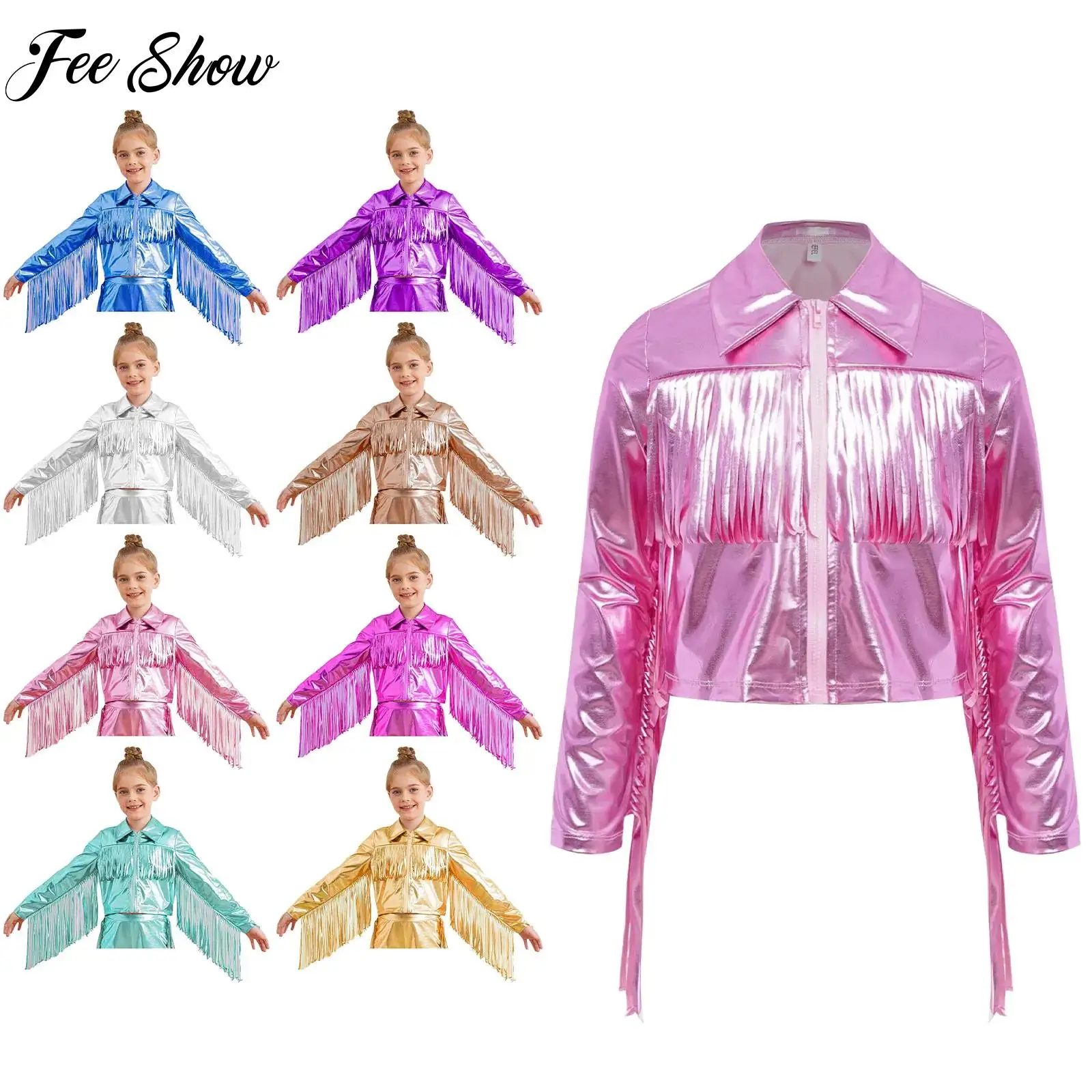 

Kids Girls Streetwear Latin Jazz Dance Costumes Tops Long Sleeve Tassels Metallic Jacket Tango Samba Stage Performance Dancewear