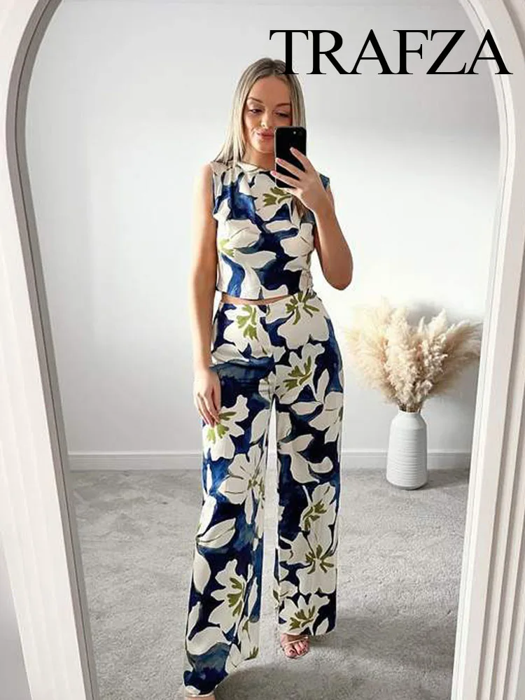 TRAFZA Spring Fashion Women Jumpsuit Floral O-Neck Sleeveless Hollow Out Decorate Zipper Female Bohemian Style Wide Leg Jumpsuit