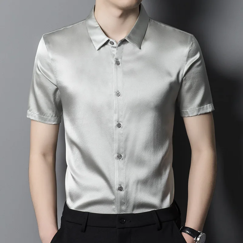 

High Quality Real Silk Men's Summer New High-End Shirt Short-Sleeved Youth Light Luxury Business Non-Ironing Solid Color Men