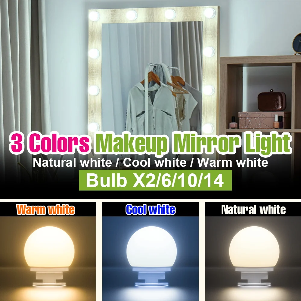 

LED Makeup Mirror Lights Dressing Table Lamp 3 Colors Touch Dimmable USB DC5V Bathroom Mirror Bedroom Decor Lamp 2/6/10/14 Bulbs