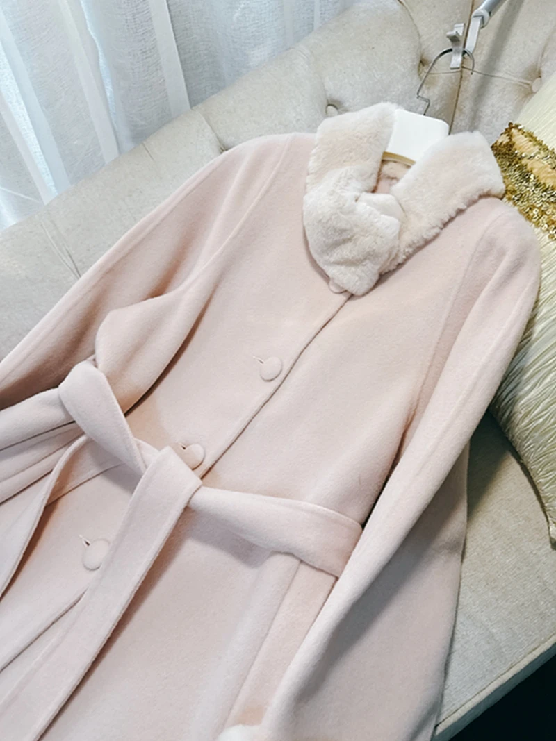 Ele الوردي الأرنب الفراء طوق الوجهين الصوفية معطف طويل خمر لطيف ميسي برينك Sle المرأة Faion معطف الشتاء