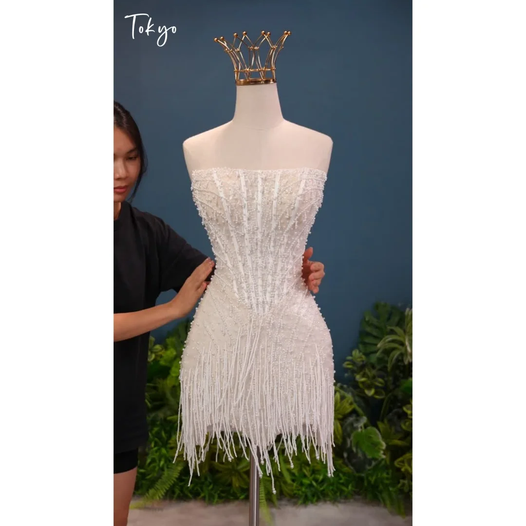 Tokyo Custom White Strapless Beaded Short Wedding Dress Tassel Decorated Mini Wedding Gown Elegant Formal Evening Party Dress