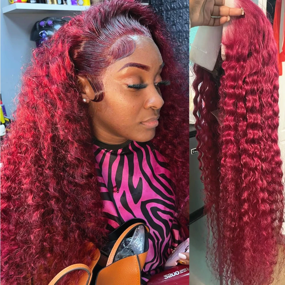 Burgundy Curly 13x6 Hd Lace Frontal Wig Human Hair 100% Brazilian 13x4 Water Deep Wave 99J Red Colored Wig For Women 30 40 Inch