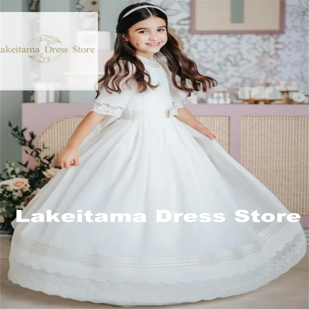 

Customization Flower Girl Dresses White Satin Lace Appliques With Bow Half Sleeve For Wedding Birthday Party Banquet Princess Go
