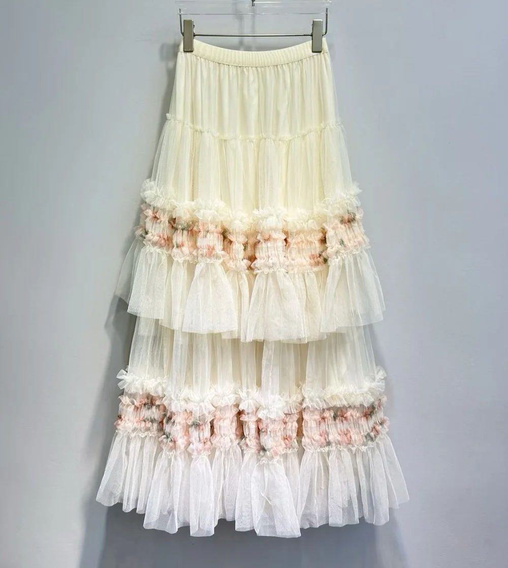 

Высококачественная новая длинная юбка 2026 года, весна-лето, модная женская юбка с эластичным поясом, милый цветочный принт, пэчворк, сексуальная юбка из тюля и сетки